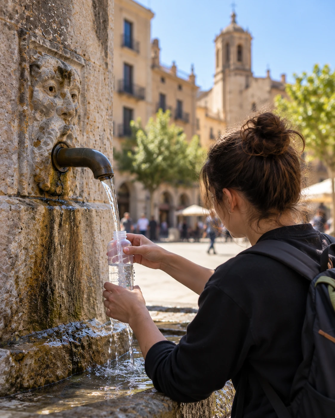 Collecting water from a public fountain.